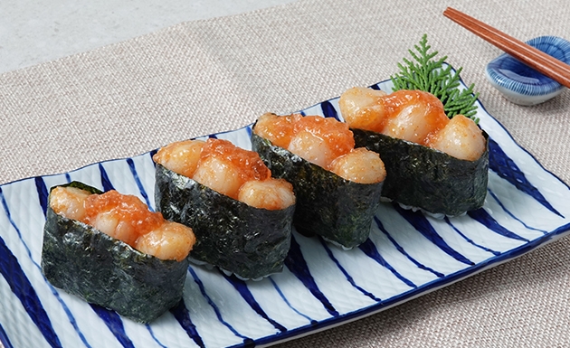 明太子柚醋晶凍貝柱軍艦(圖)